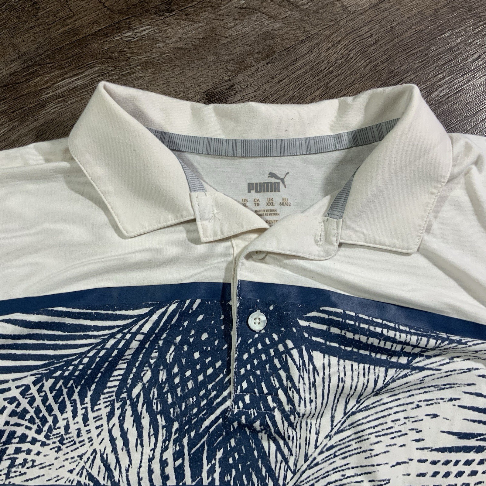 Puma Golf Polo Shirt Men’s XL Tournament Edition White Navy Blue Tropical Leaf
