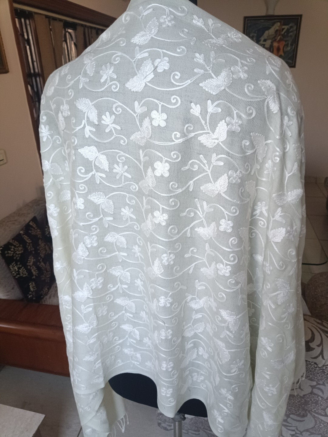 OFF-WHITE WEDDING STOLE KASHMIR PASHMINA CREWEL EMBROIDERY 100% CASHMERE SHAWL