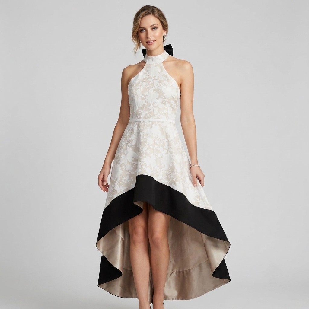 Runaway The Label High-Low Halter Neck Formal Dress White Floral Jacquard Dress