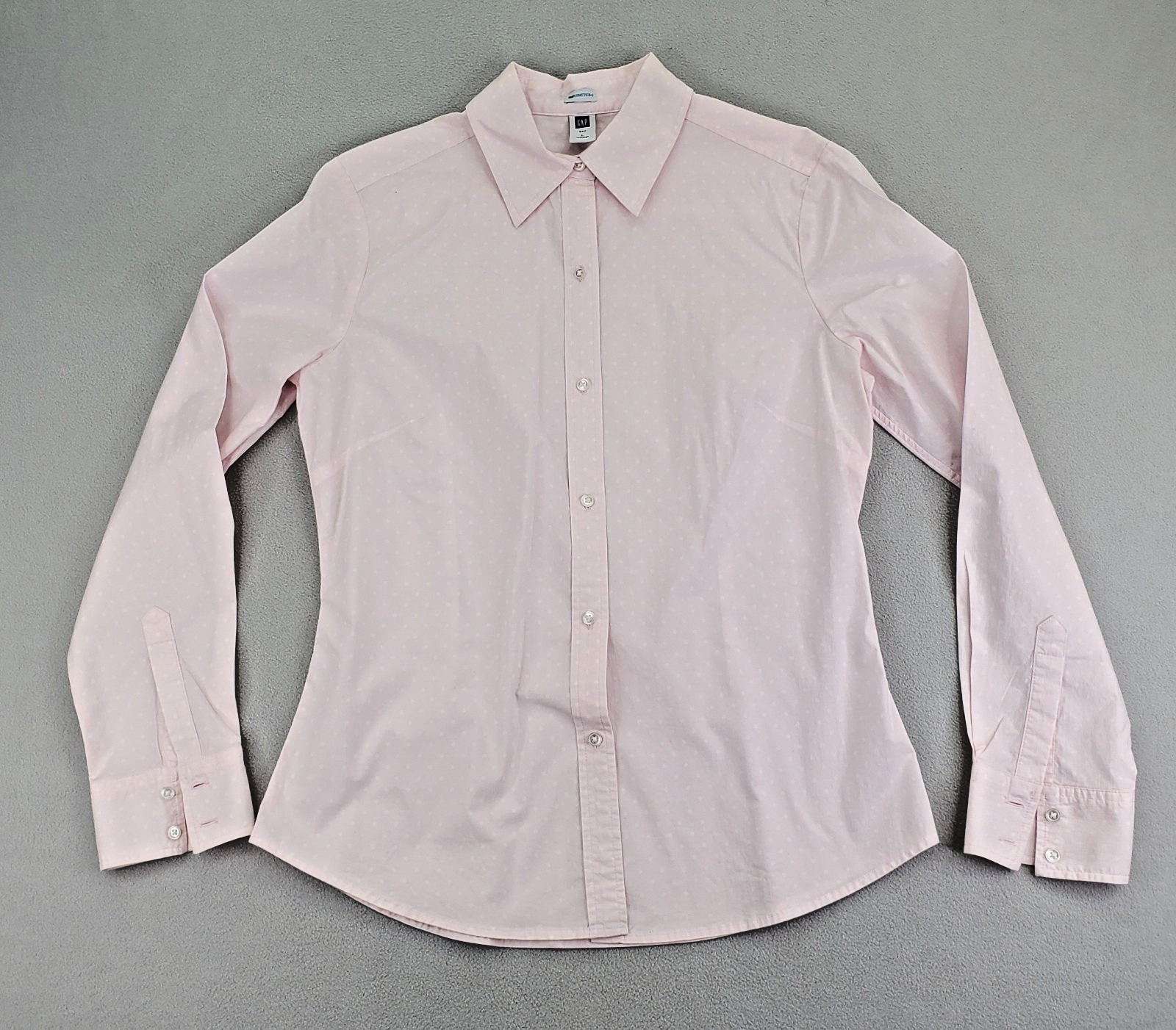 GAP Stretch Button Shirt Women L Soft Pink White Polka Dot Cotton Spandex Fitted