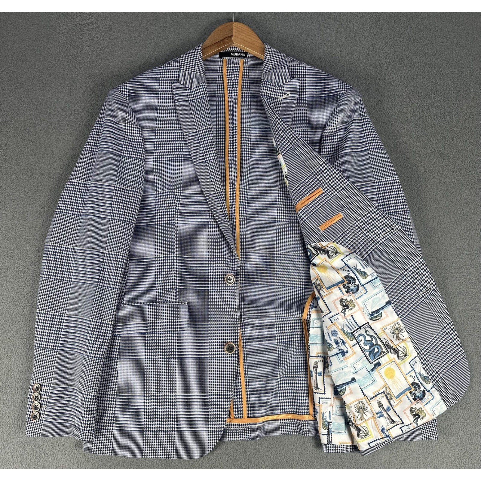 Murano Blazer Jacket Mens Small Blue Houndstooth Slim Fit Galapagos Nautical