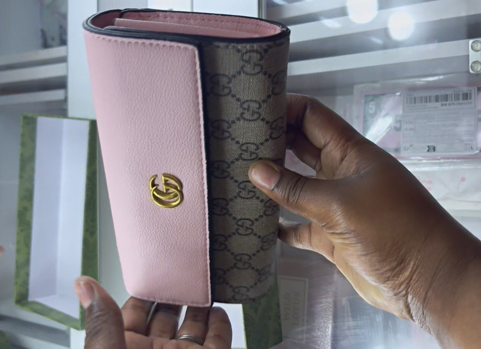 Wallet on Chain Pink Flap w/ Zip Coin Pocket Beige Brown