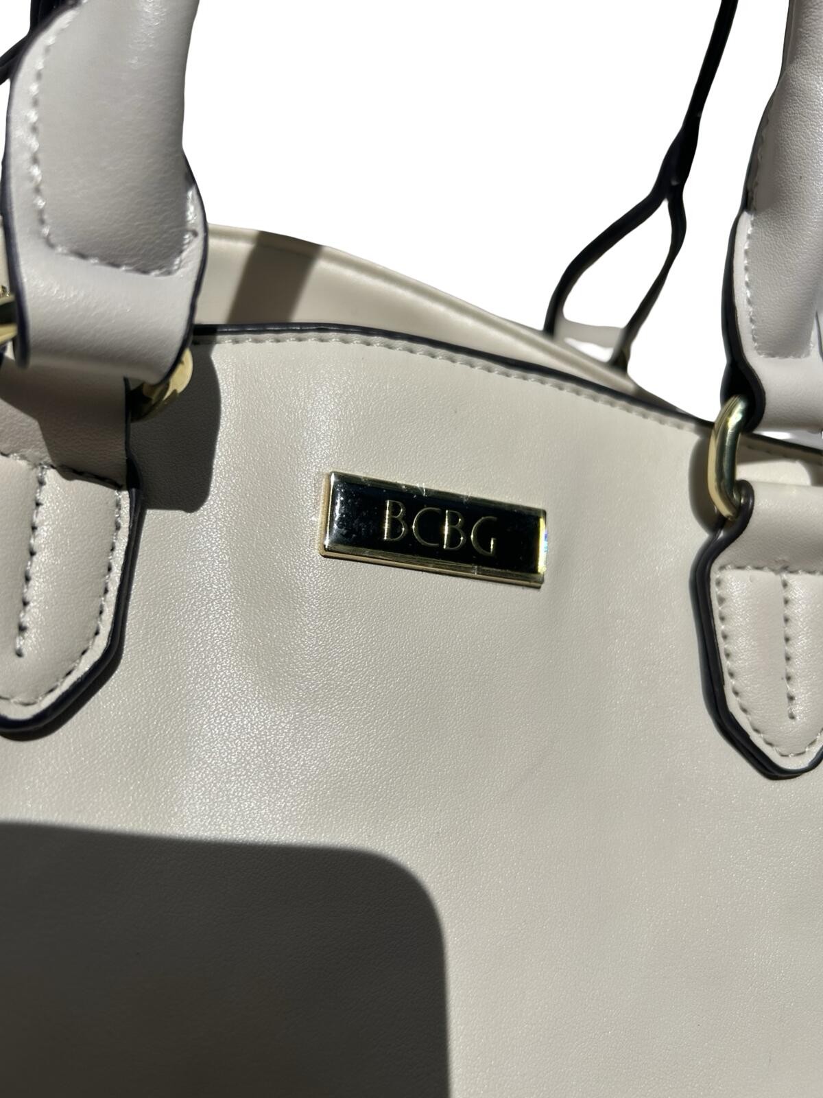 BCBG Cream Ivory Satchel Handbag Faux Leather Tote Purse Gold Hardware