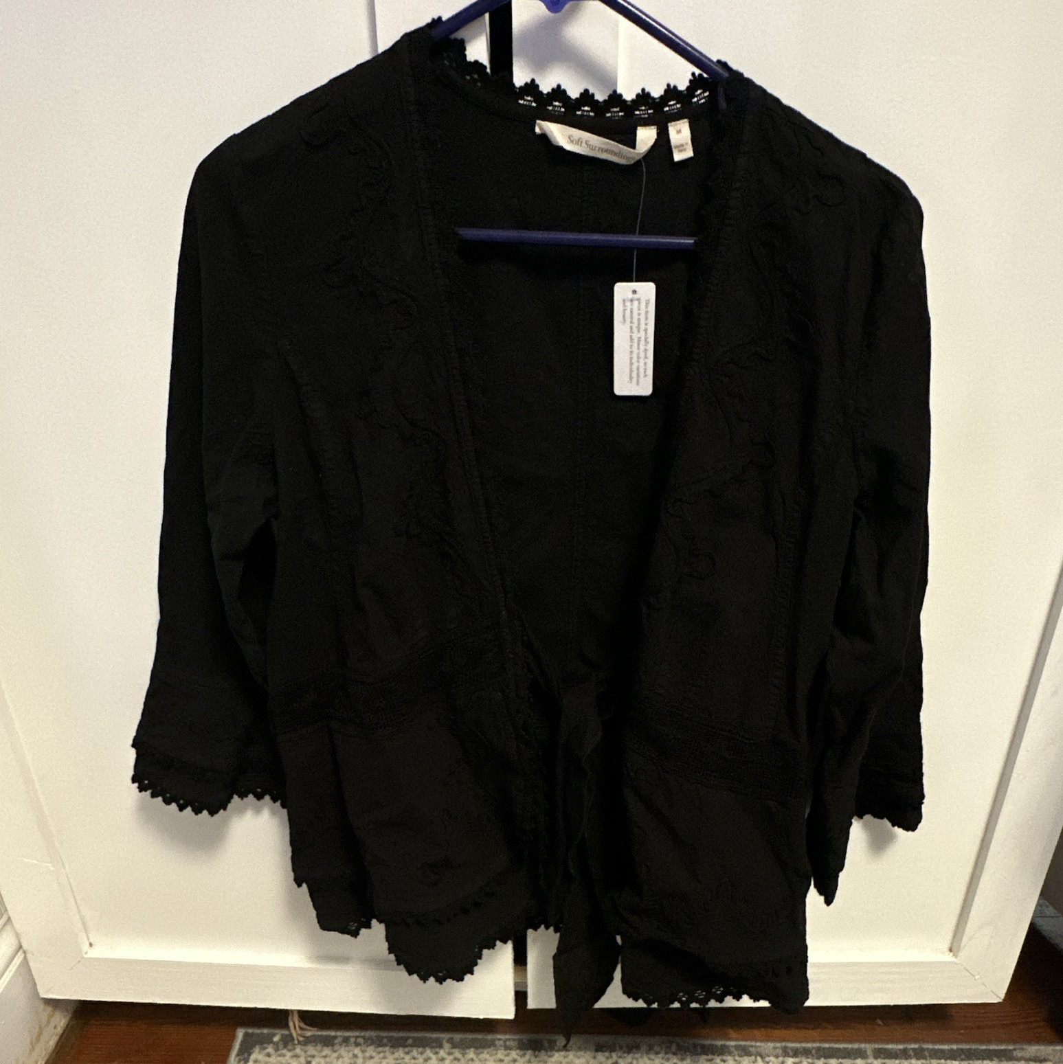 Soft Surroundings Women’s M Black Solid Woven Cotton Open-Front Lace Cardigan