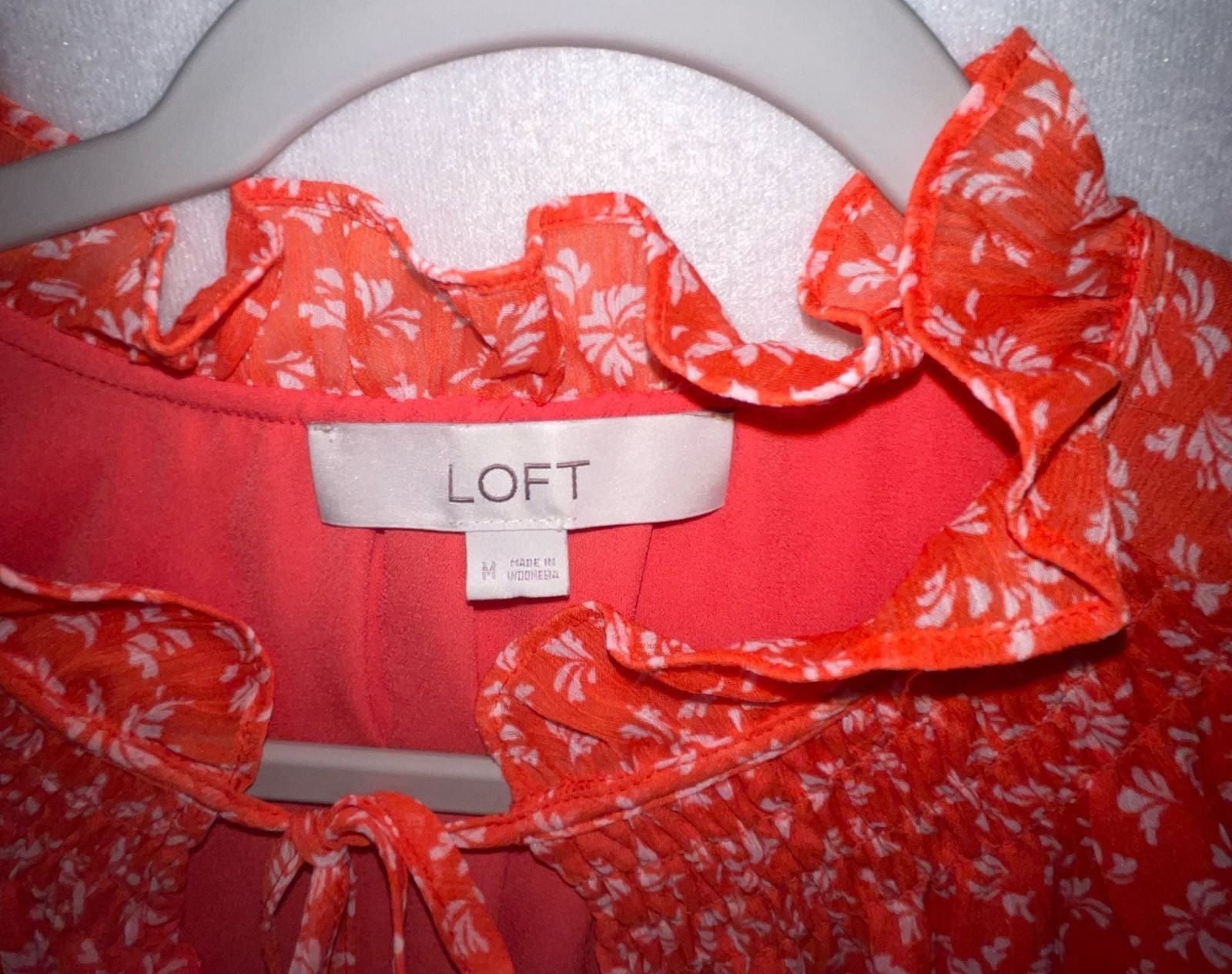 LOFT Orange Floral Ruffle Neck Tie Front Blouse Size M
