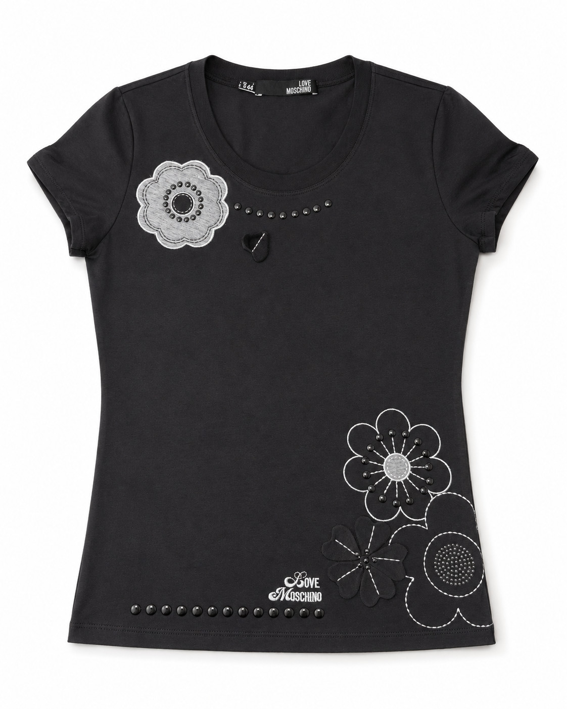 Love Moschino Black Floral Applique Studded T Shirt Women US 8 IT 44