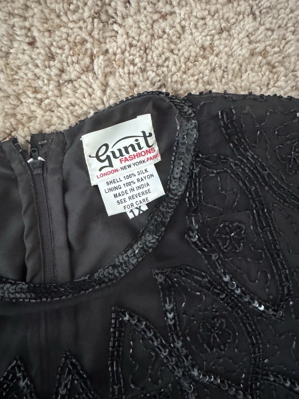 Vintage Gunit Fashions Black Beaded Sequin Blouse 1X Plus Short Sleeve