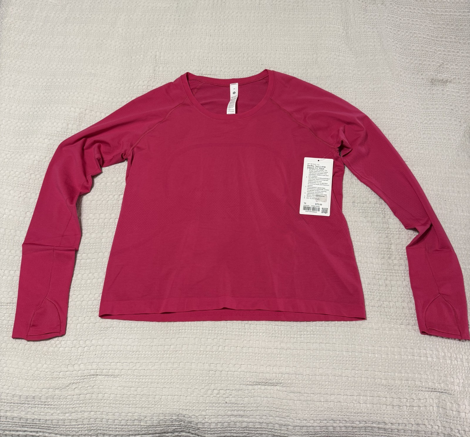 Lululemon Swiftly Tech 2.0 Race Long Sleeve Shirt Pink Women’s Size 14 NWT