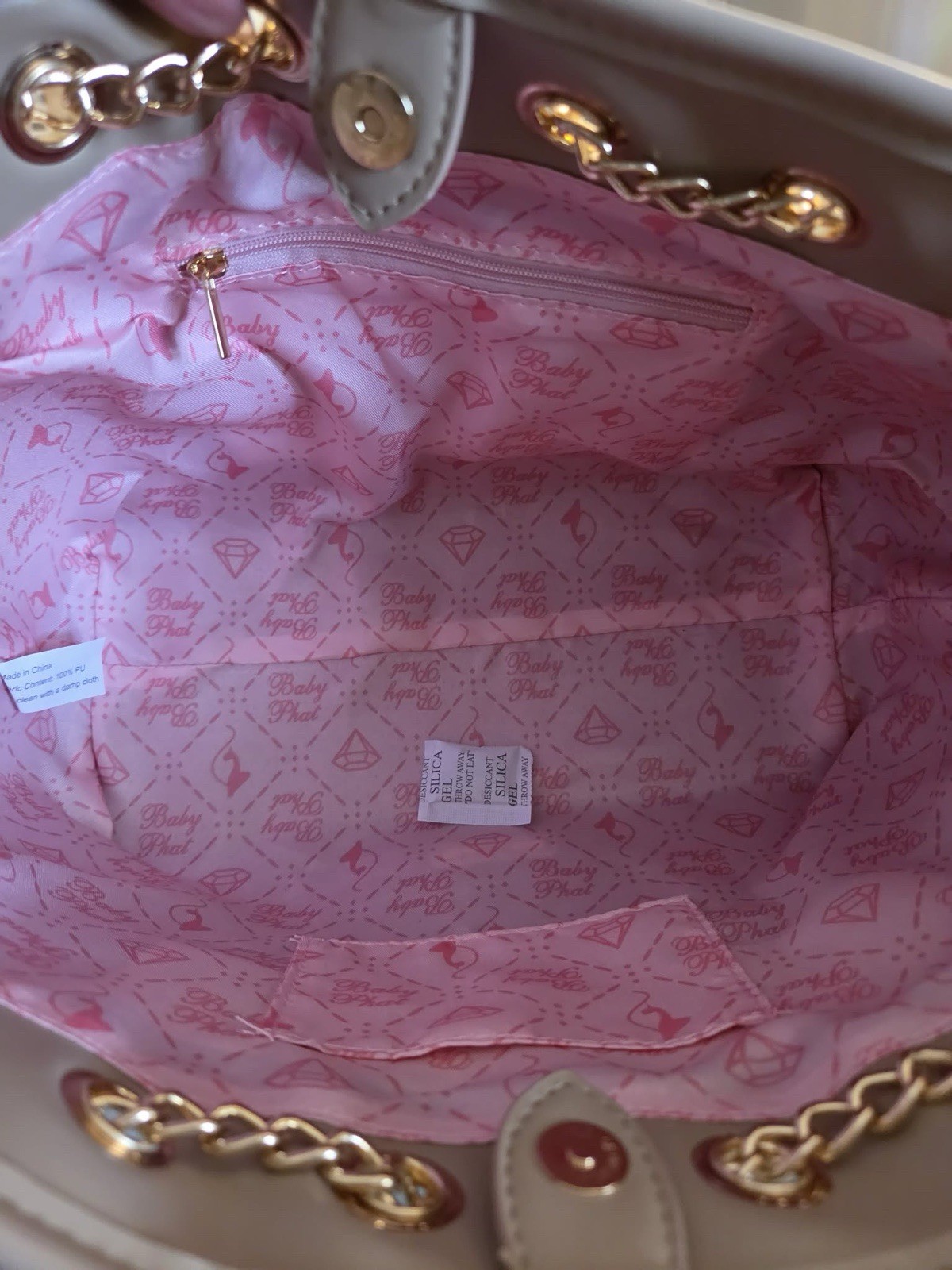 Baby Phat Brown Logo Shoulder Bag, Chain Accents, Magnetic, Pink Lining