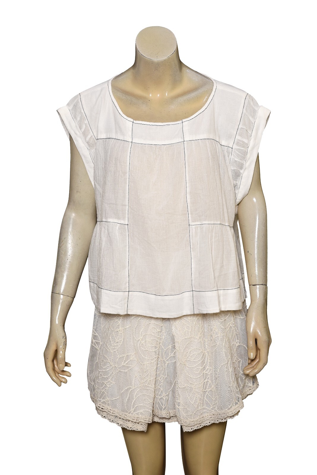 Anthropologie Cap-Sleeve Babydoll Blouse M 8 Sheer White Cotton Crop Top 44597
