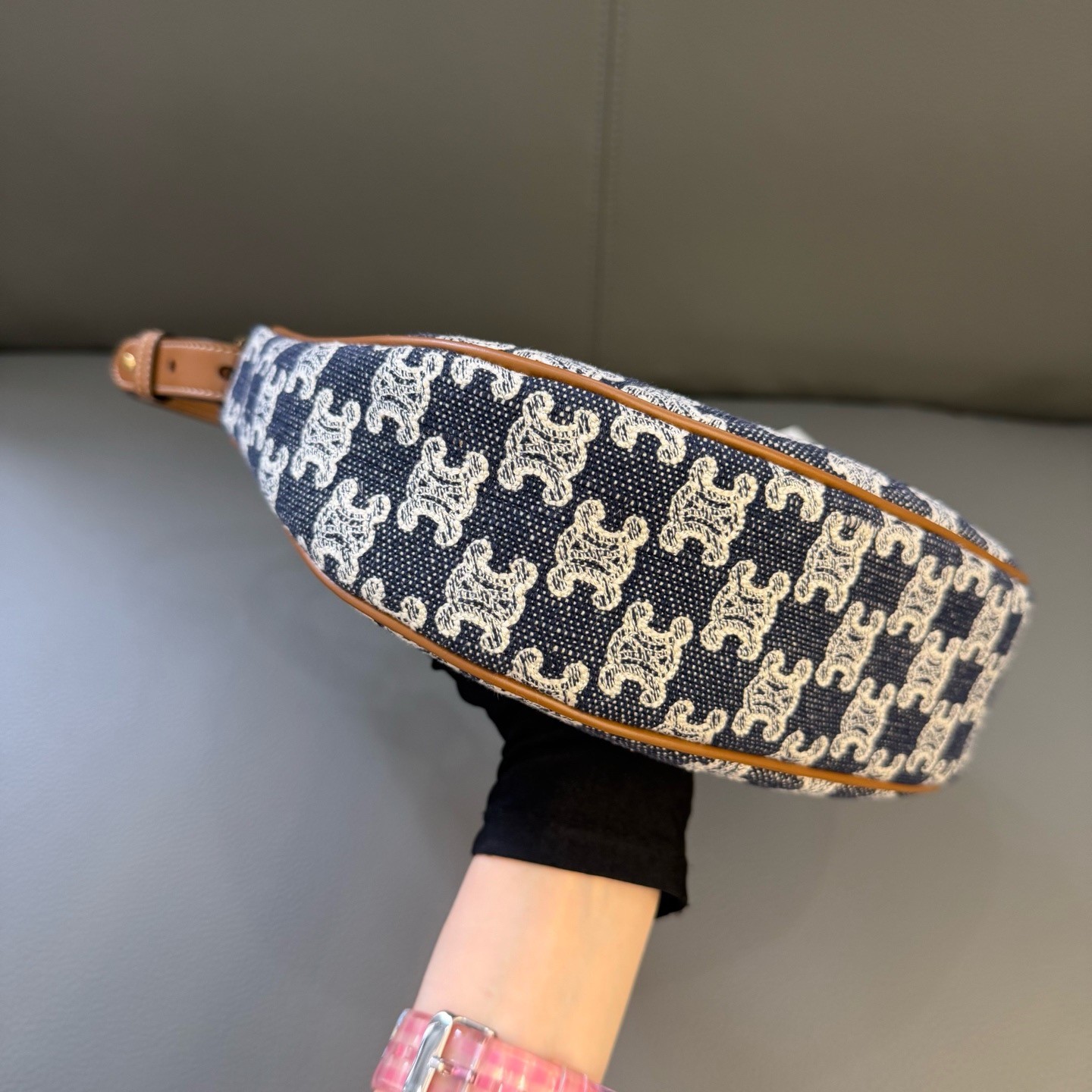 Celine Ava Denim Triomphe Embroidered Blue Shoulder Bag