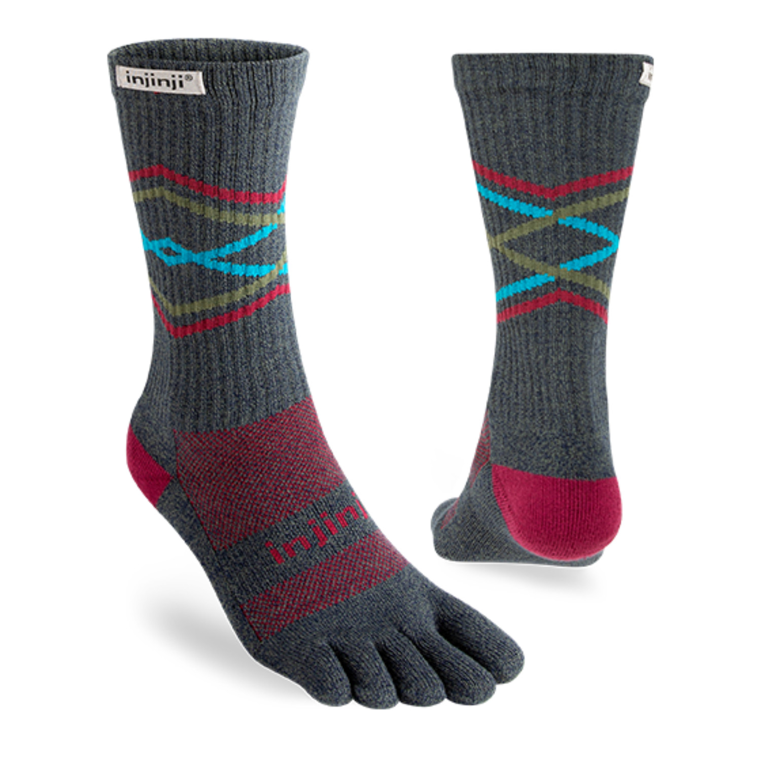 Injinji Unisex Coolmax Trail Midweight Crew Toe Socks, Peak, Size Large