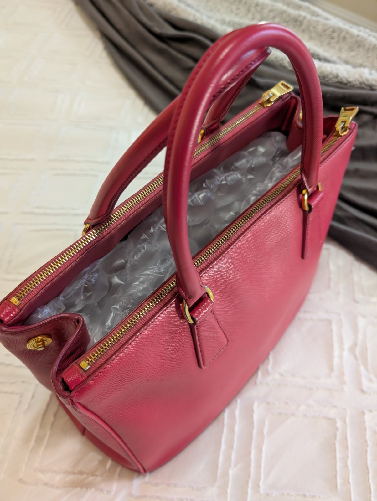 PRADA Pink Top Handle Satchel Gold Hardware Logo Key Holder Bottom Studs