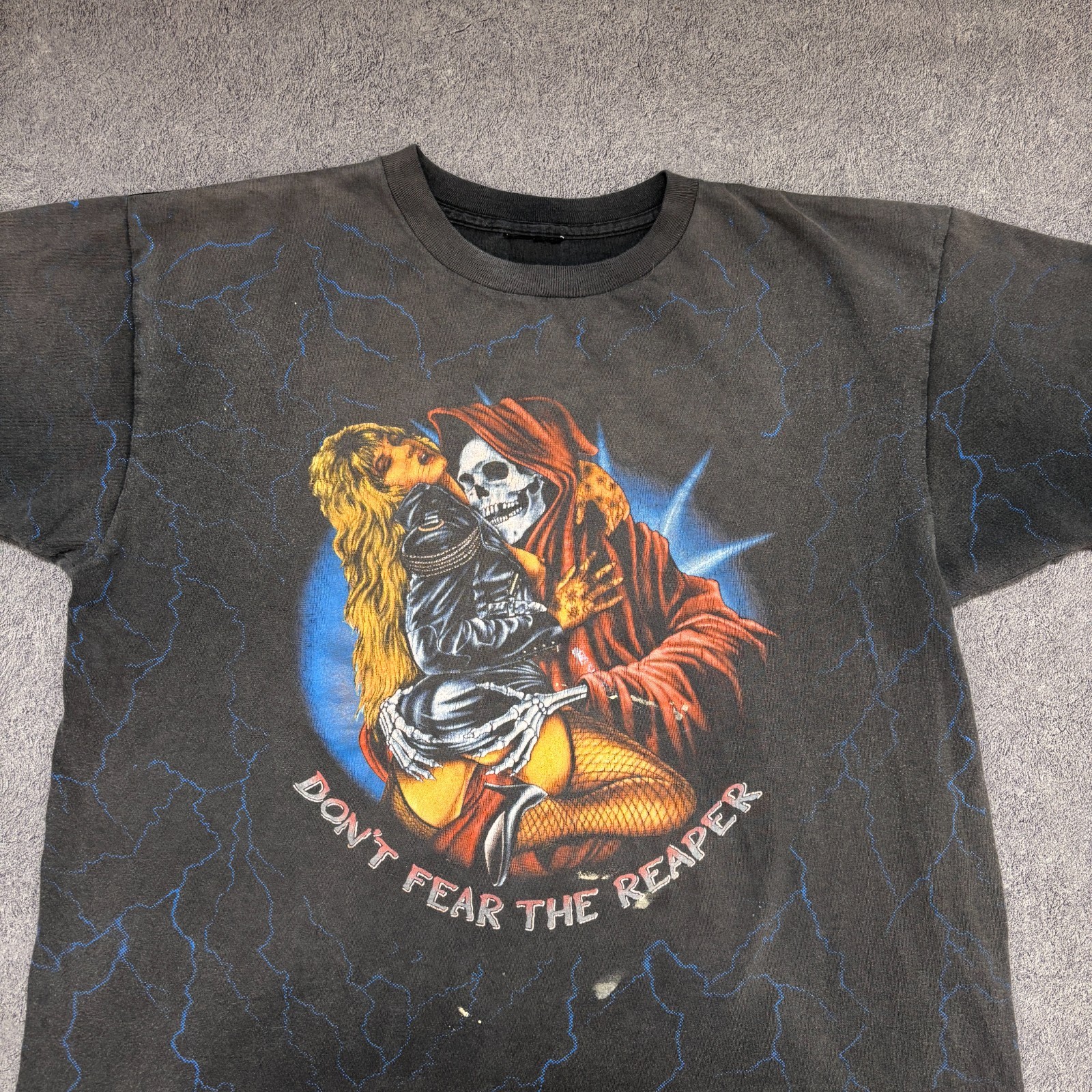 Vintage 3d Emblem Shirt XL Black 90s Single Stitch Reaper All Over Print Harley