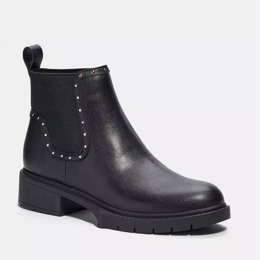 Coach Black Leather Bootie ‘Lory’ Women 6.5 Ankle Boot Stud Detail Slip On