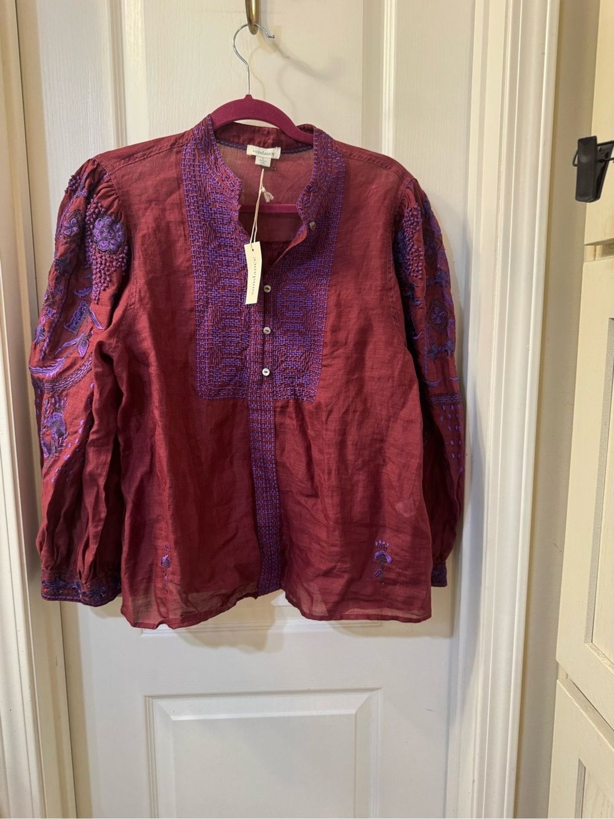 Sundance Embroidered Peasant Blouse – Wine with Purple Detail