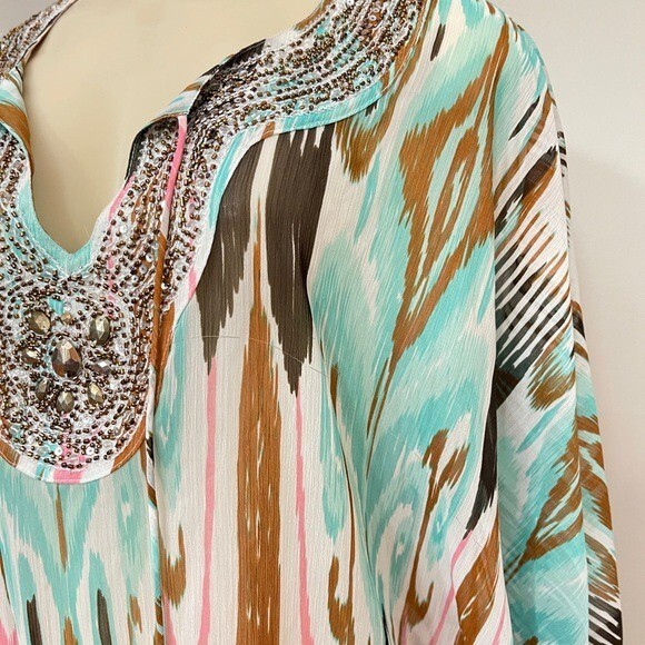Beach Inc Boho Beaded Sheer Top Swim Cover Up Resort Wear Tan Turquoise Vacay S