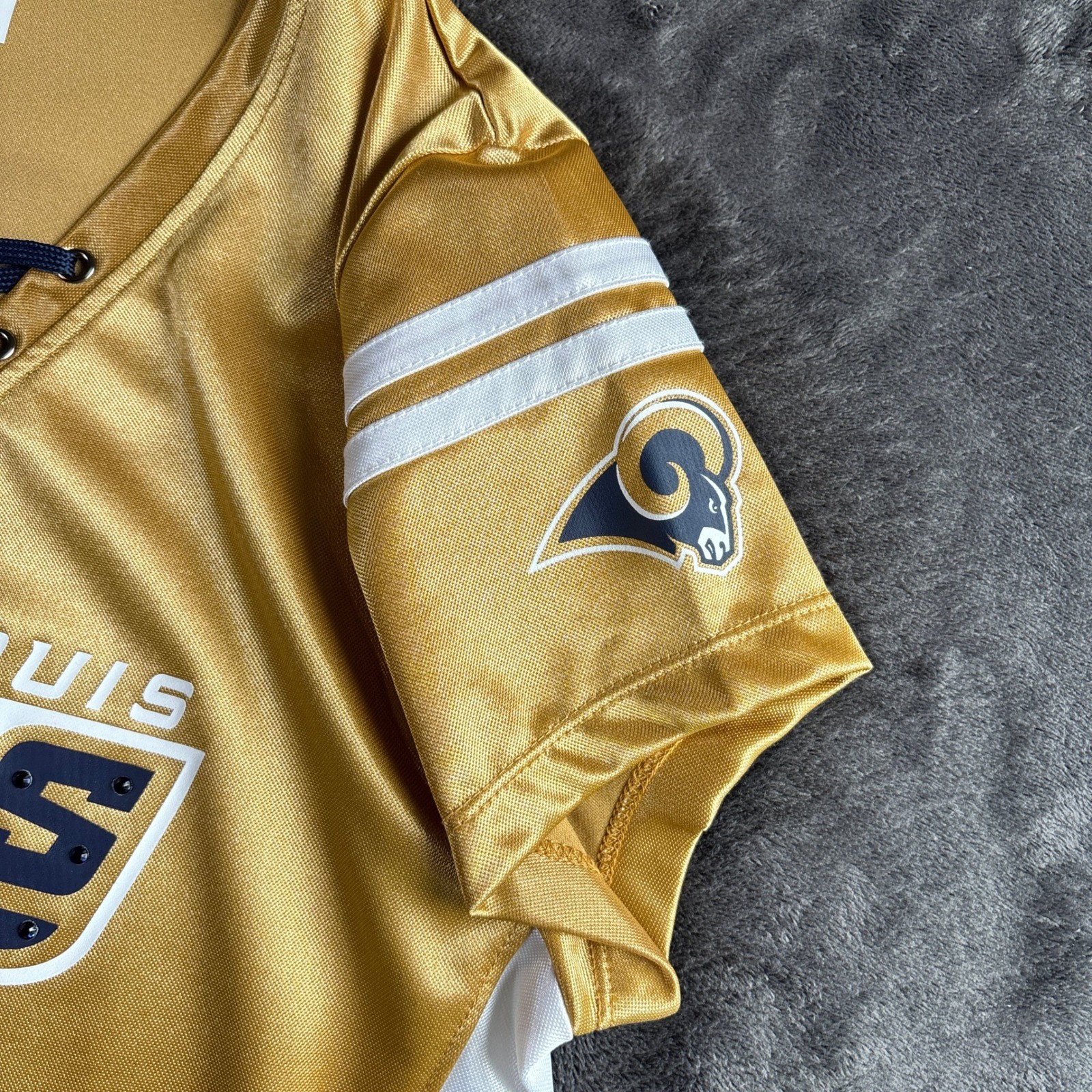 NFL Team Apparel St. Louis Rams Womens Gold Lace Up Jersey Shirt Medium Bling