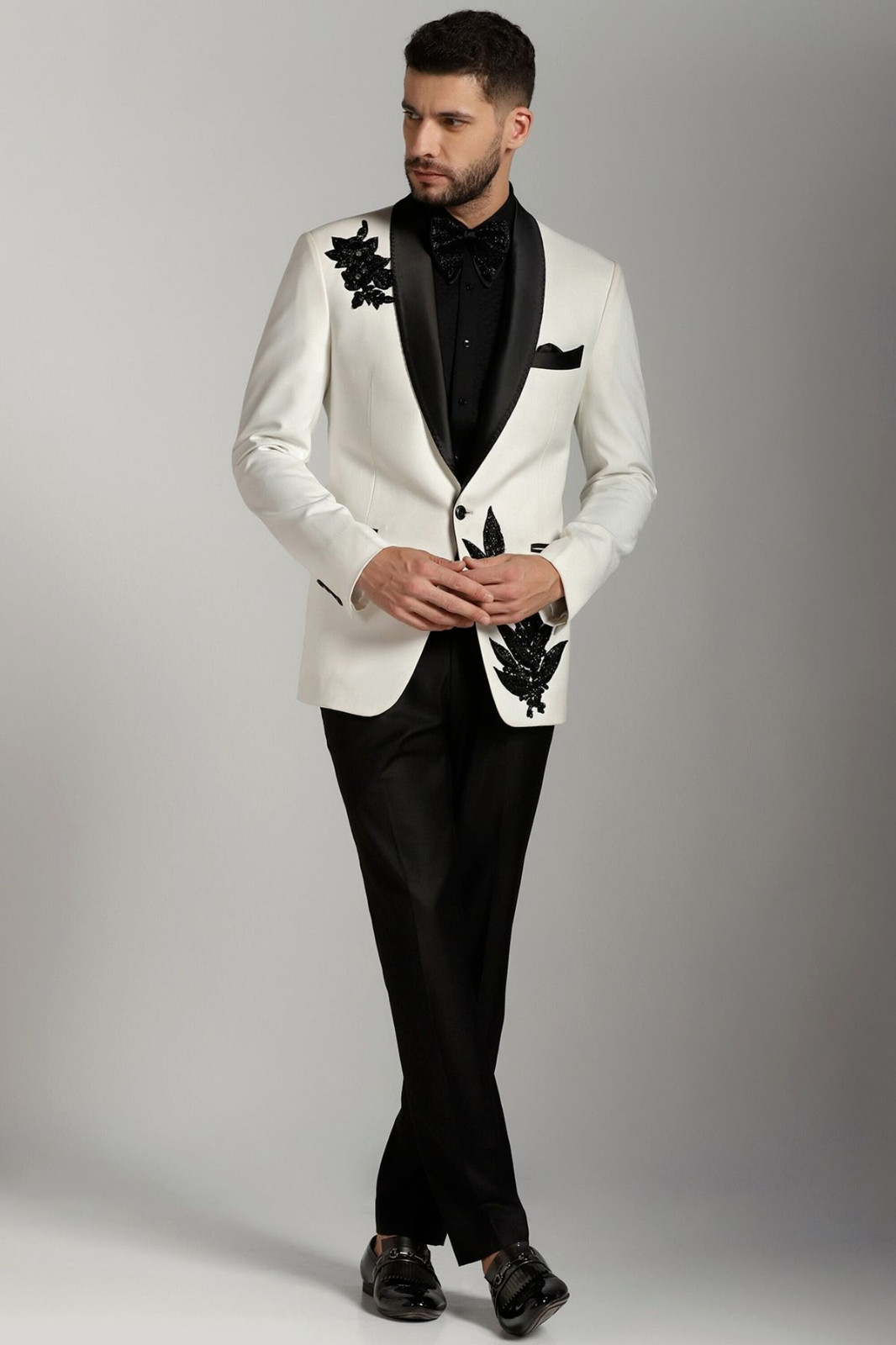 Regular Fit Men’s Suits Shawl Lapel Coat 2Pcs Patchwork Black and White Jacket