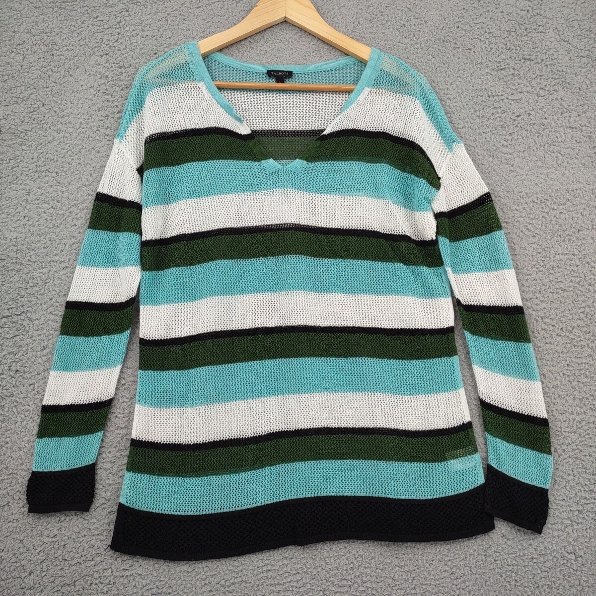 Talbots Top Womens Large Green Striped Linen Blend Open Knit Mesh Split Neck