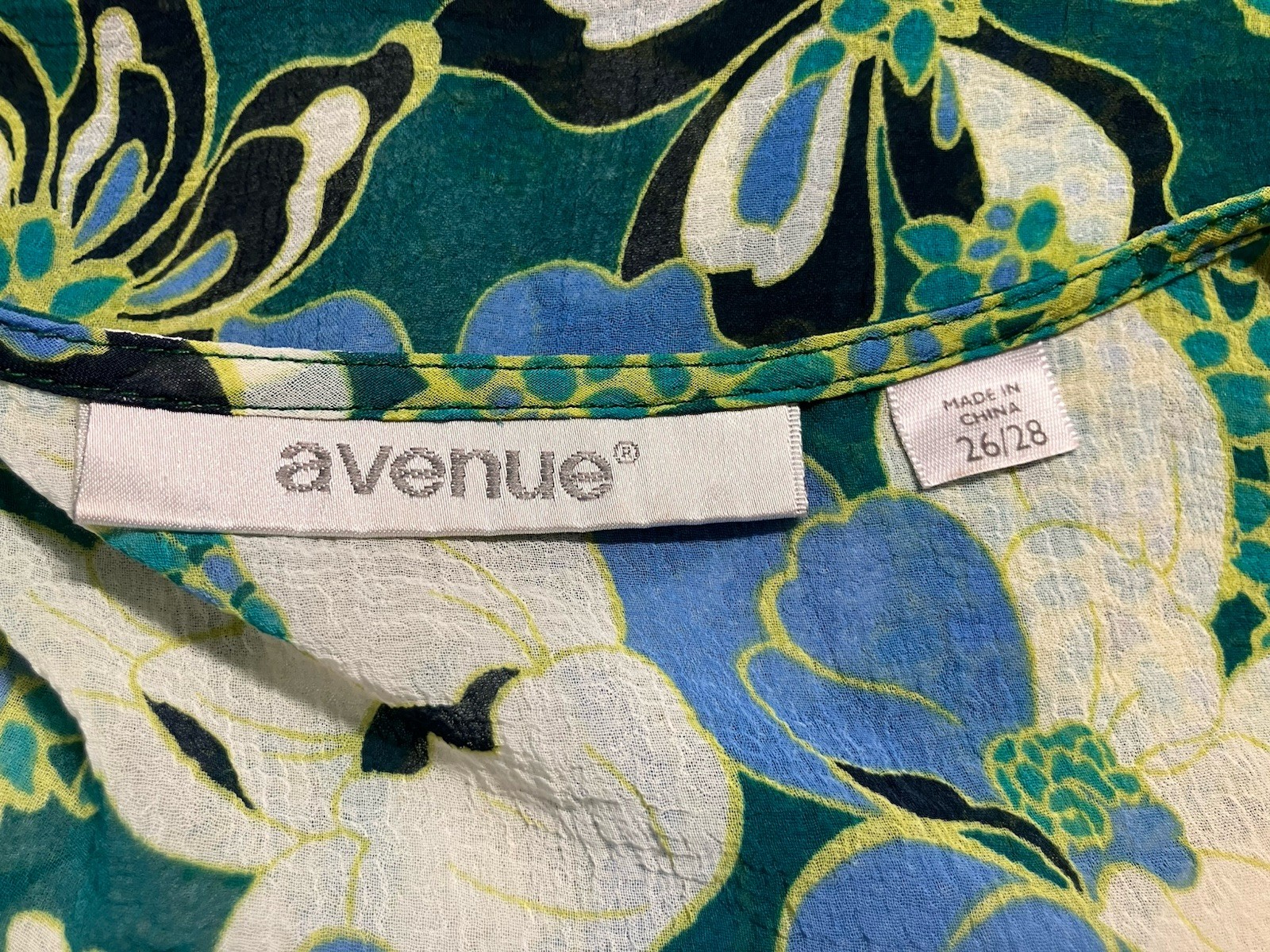 Avenue Women’s Semi-Sheer Blouse Size 26/28 Green Blue Artsy Pleated LS