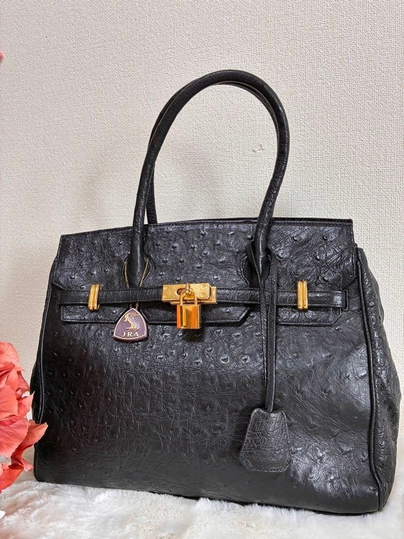 JRA CERTIFIED GENUINE OSTRICH Leather Handbag Bag Black From Japan Used