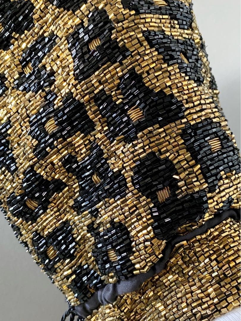 Vintage Leopard Beaded Party Bag Gold Tone Crossbody with Chain and Drawstring