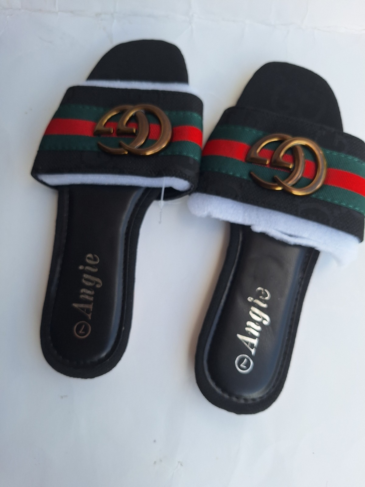 Angie Women’s Slide Sandals Black Red/Green Stripe Logo Rubber Slip On 7