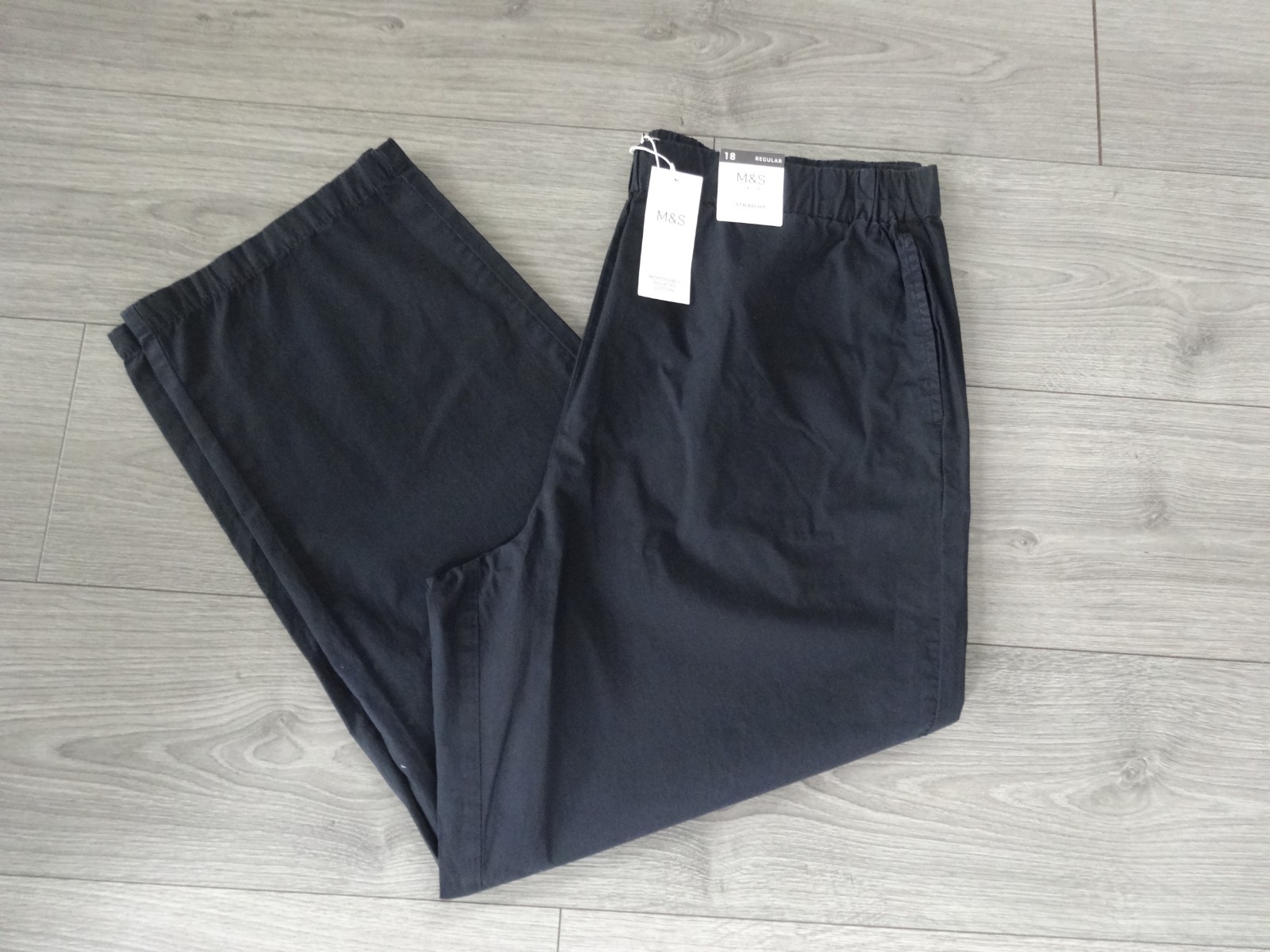M&S MARKS & SPENCER BLACK COTTON PULL ON STRAIGHT TROUSERS UK SIZE 18 REG