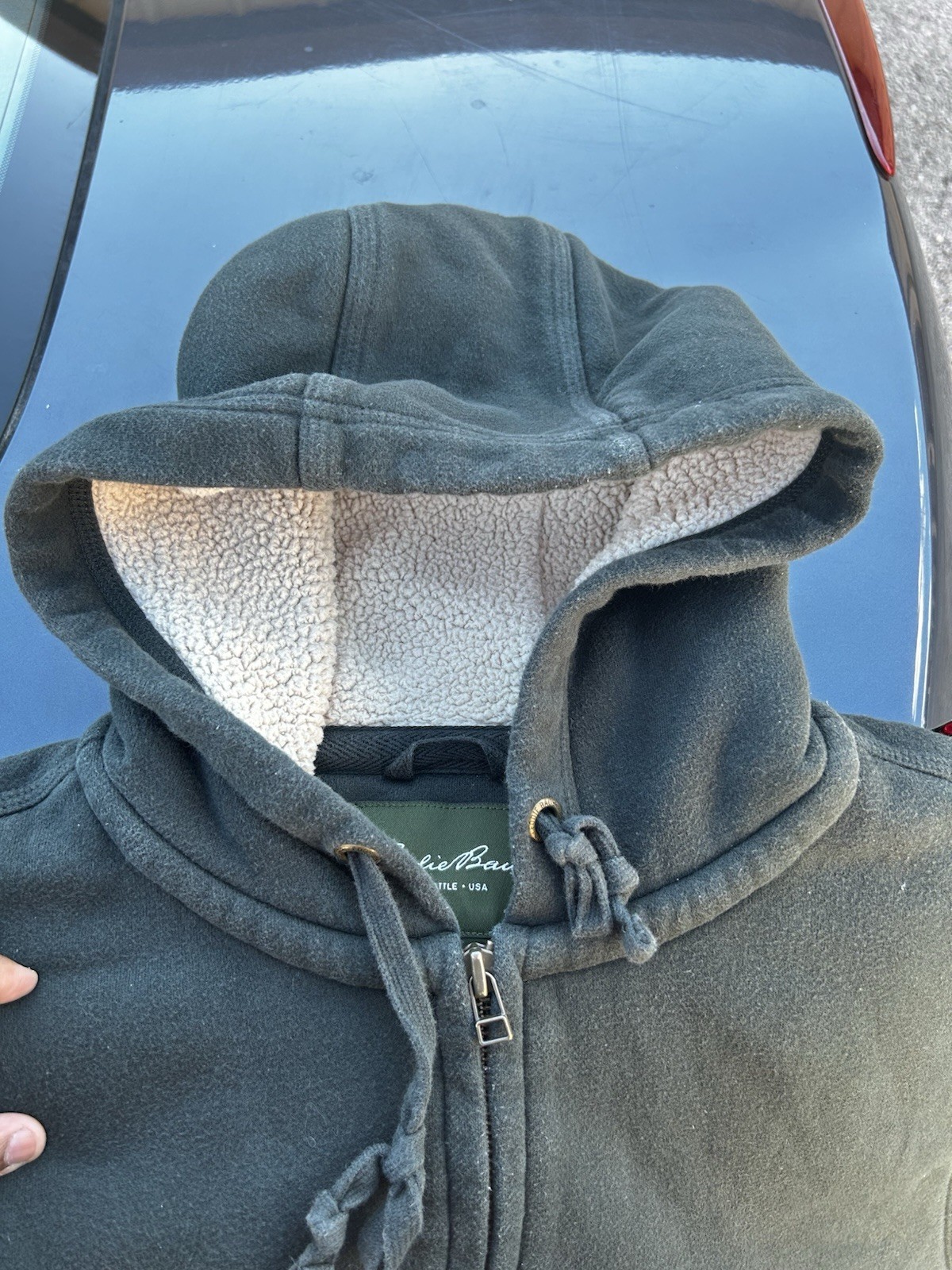 Eddie Bauer Sherpa Lined Full Zip Hoodie Mens Large Green Fleece Sweatshirt