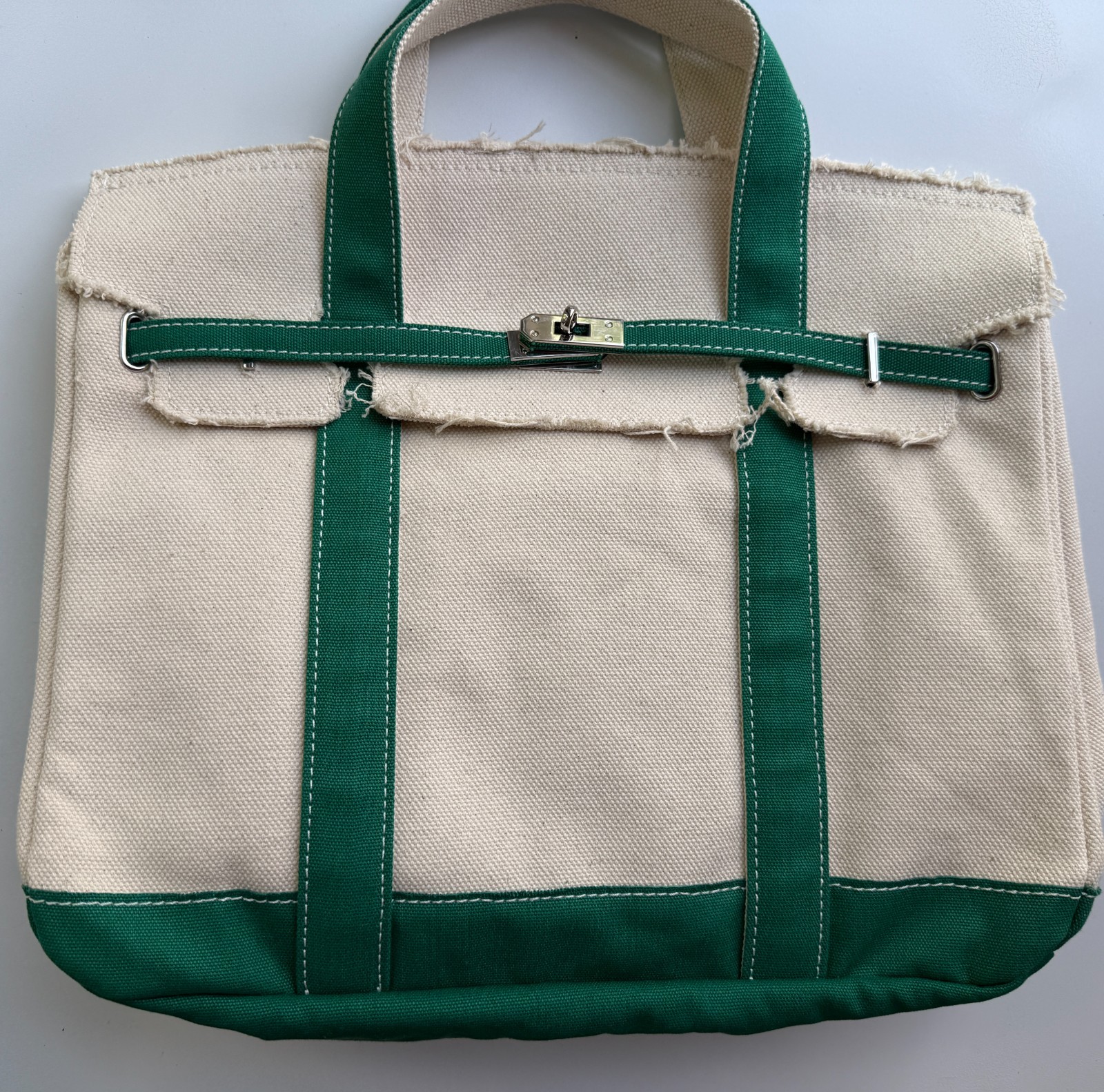 NEW Sunwin Madaket Boatkin Women Large Cream Green Canvas Tote Bag Nautical