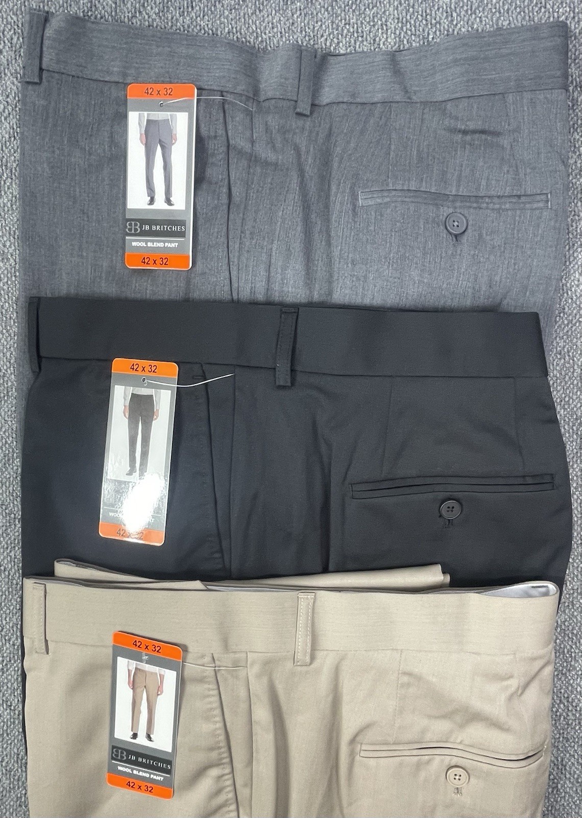 JB Britches Lot of 3 Men’s 52% Wool Blend Dress Pants Black Tan & Gray 42×32 NWT