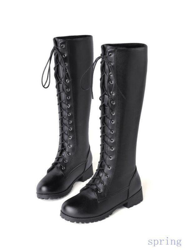 Fashion Womens Dress Casual Knee High Boots Lace Up Faux Leather Non-slip Shoes