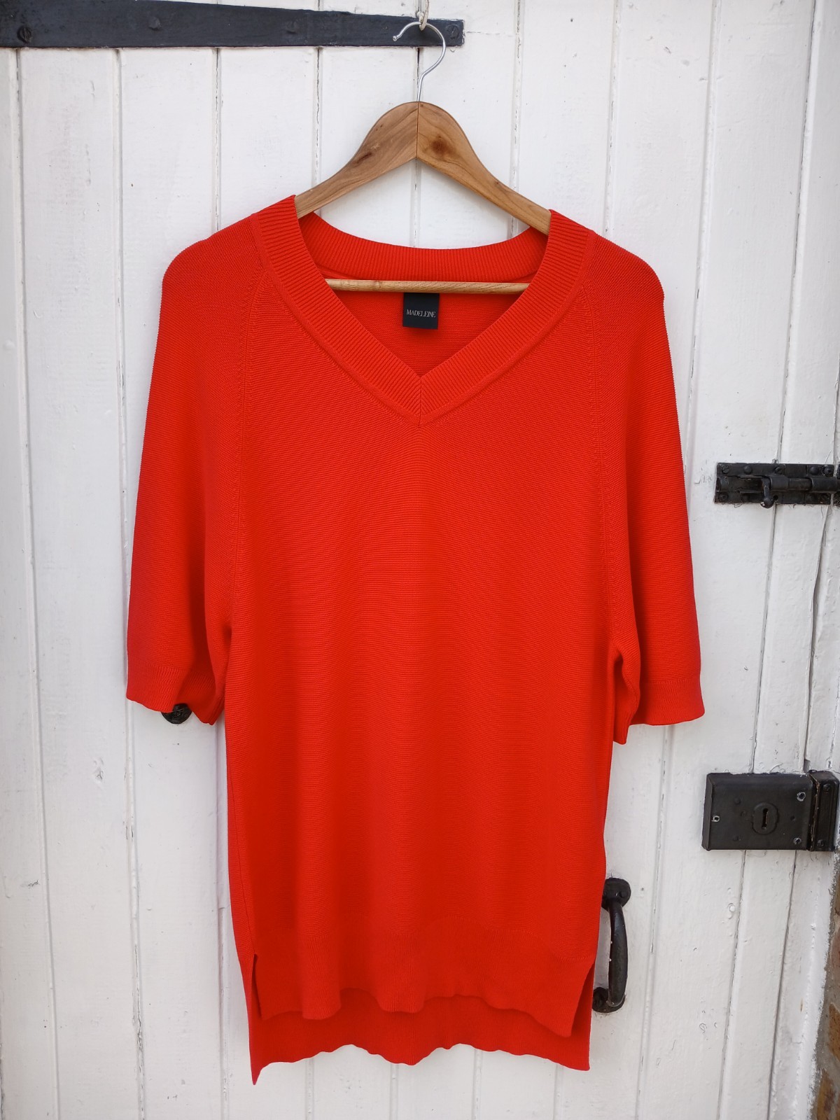 MADELEINE 100% COTTON KNIT LADIES RED V NECK JUMPER – SHORT SLEEVE – UK 8 – NEW