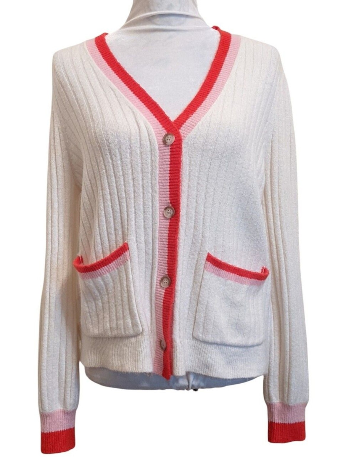 Loft Boyfriend Cardigan White Sweater Soft Collegiate Pockets Stretchy Large