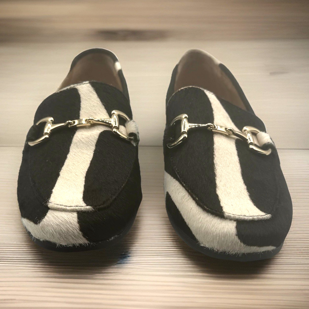 Alfani Step n Flex Women 7 Dark Brown Beige Haircalf Calfhide Gold Bit NWOT