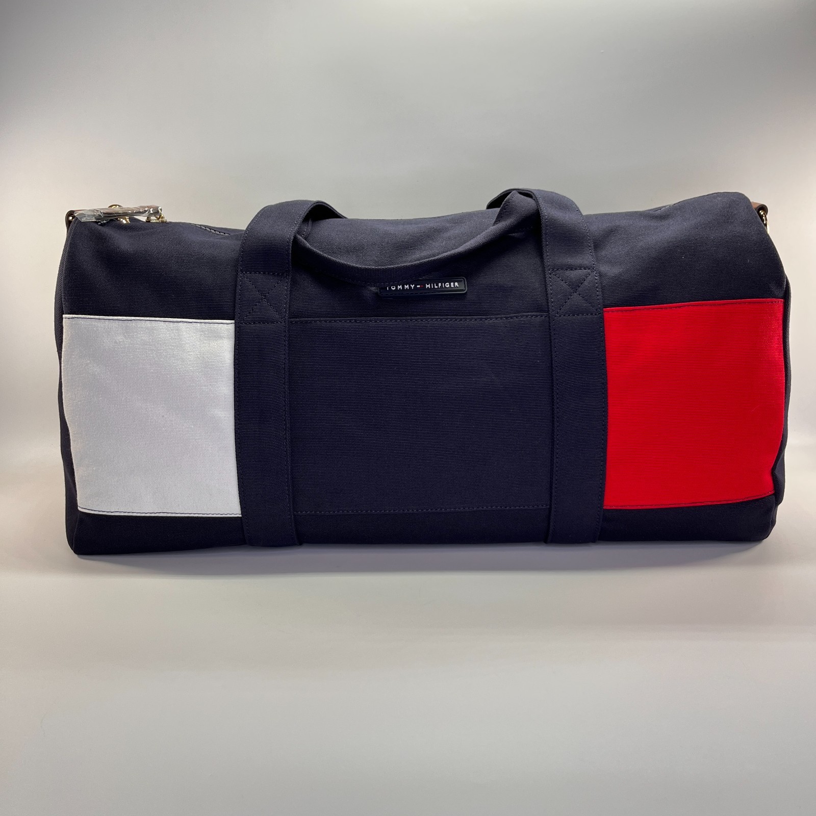 Tommy Hilfiger Duffle Bag Colorblock Navy Red White Canvas Gym Travel Weekender