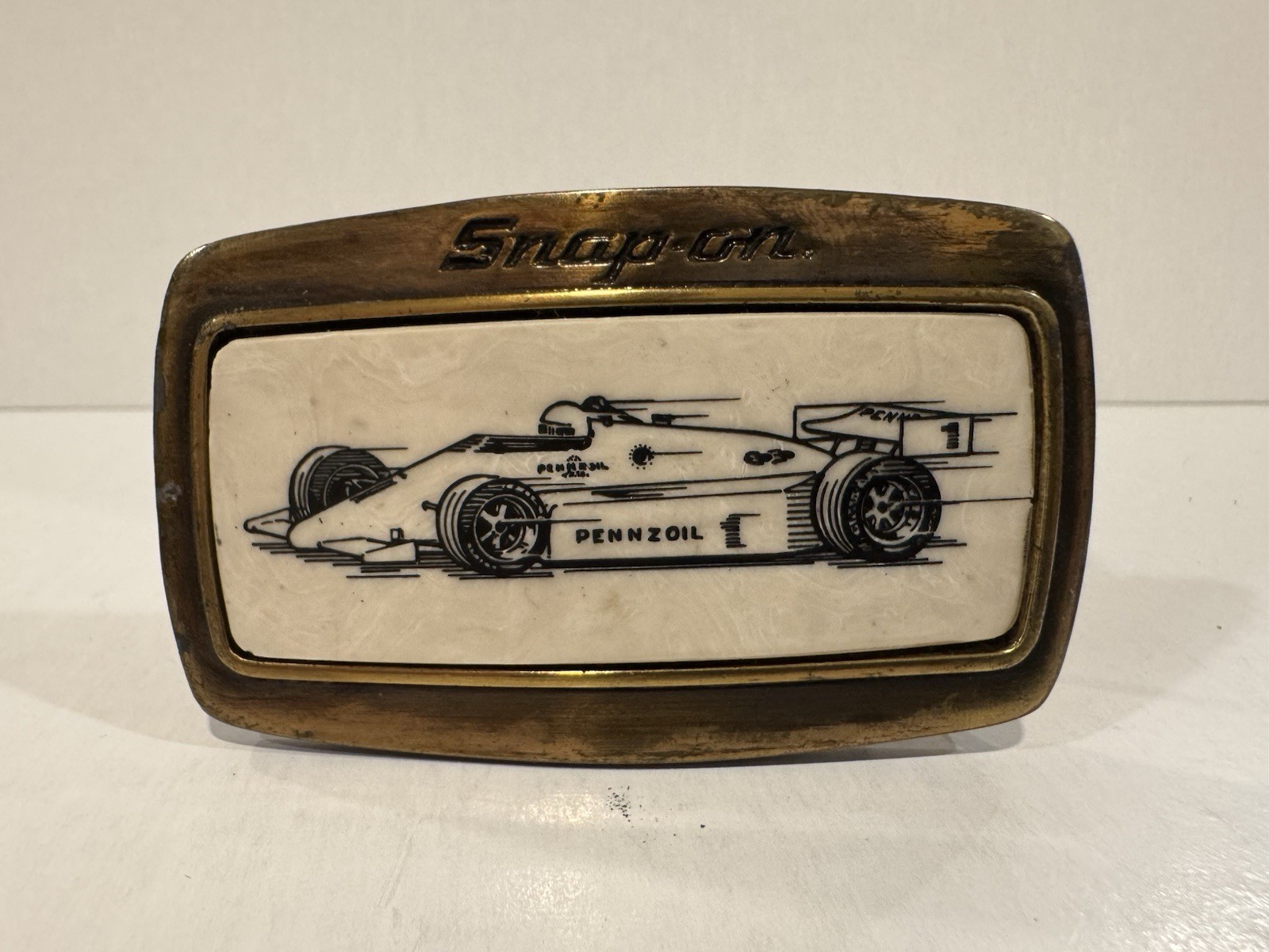 SNAP ON Tools- Indy Car Racing Brass Belt Buckle Vintage – Race Car Penzoil #1