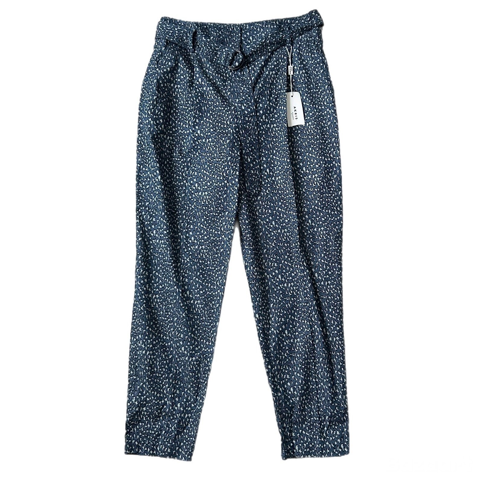 NEW Akris Punto Fred Trousers Blue White Animal Print Belted High Rise Size 8 US