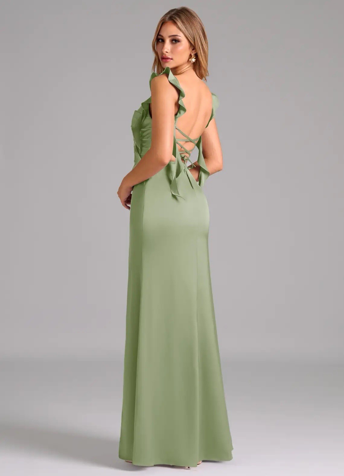 Azazie Jessamine Stretch Satin Bridesmaid Formal Gown Dusty Sage SZ A14 NWT $109