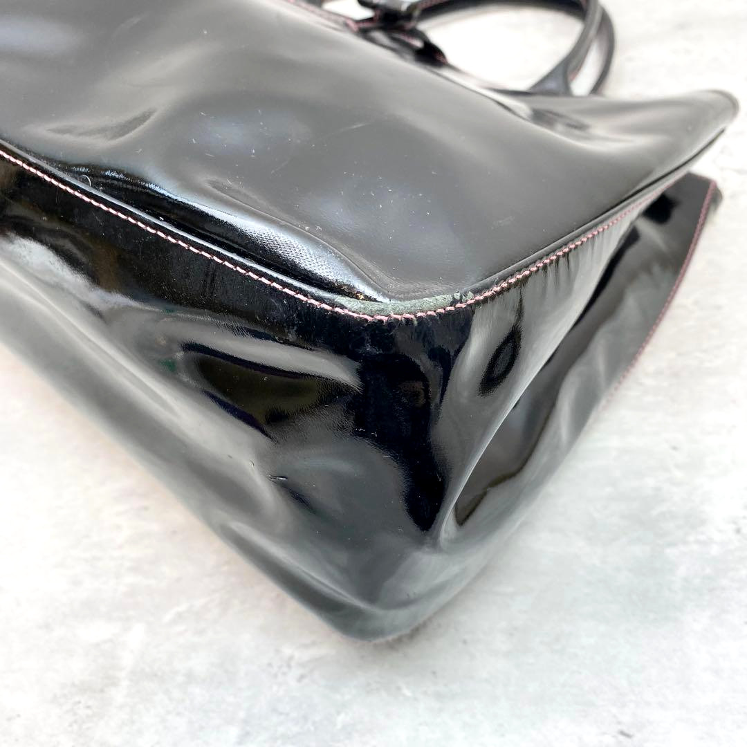 Longchamp Roseau Tote Bag Black Patent Leather A4 Documents Work 13.7in Auth