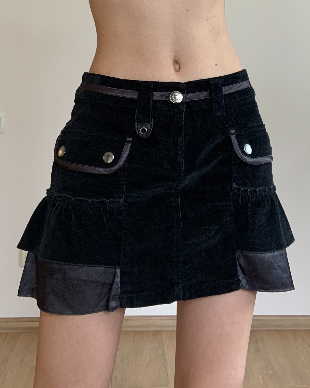 Vintage Morgan De Toi Corduroy Ruffle Mini Skirt Y2K Satin Black Size M