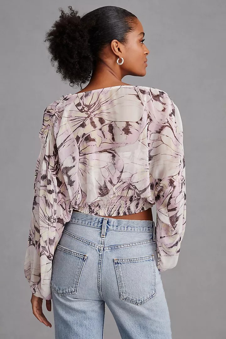 NWT By Anthropologie Sheer Peasant Blouse Top size XL Purple Motif #C3404