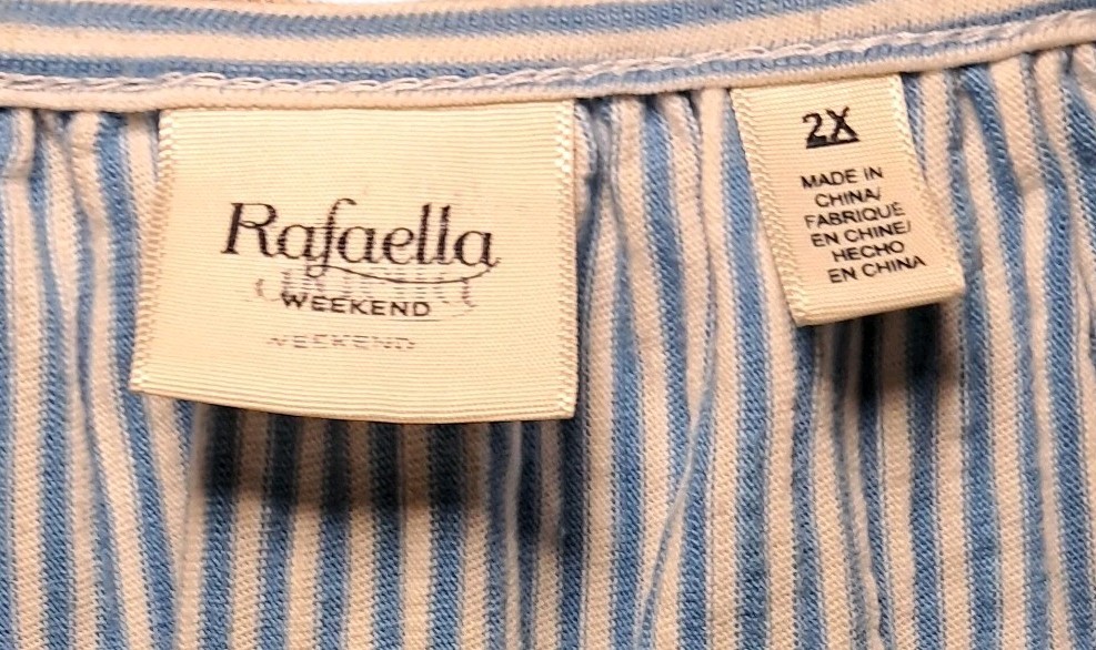 Rafaella Pinstripe Cold Shoulder Top Womans Plus Size 2X Blue White 3/4 Sleeve