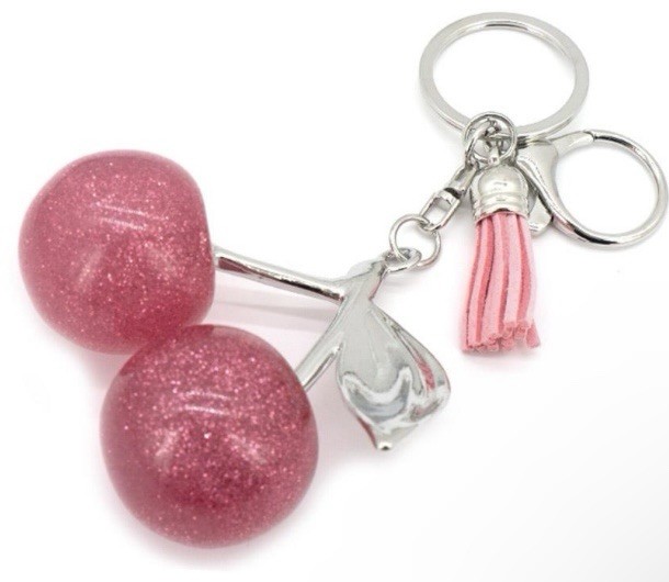 Glitter Cherry Bag charm With Pink tassel In Silver Hardware