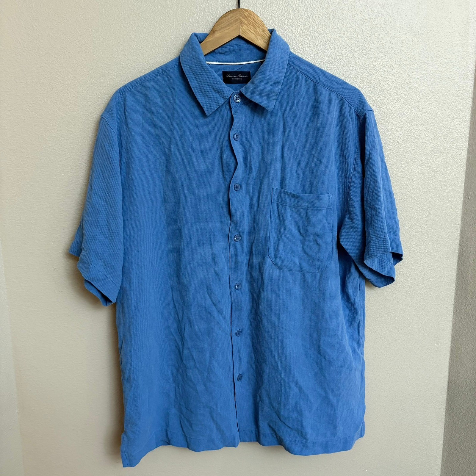 Linea Rosso Signature Prada Button Down Shirt Large Blue 100% Silk Short Sleeve