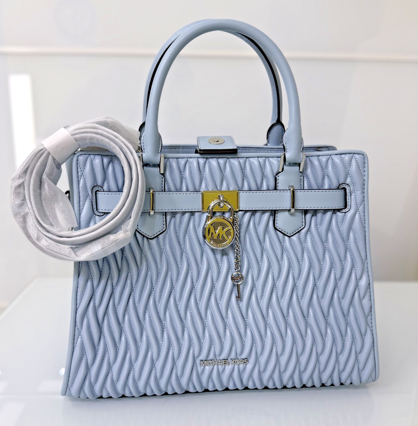 Michael Kors Hamilton Medium Matelassé Satchel Bag Blue Pale Ocean