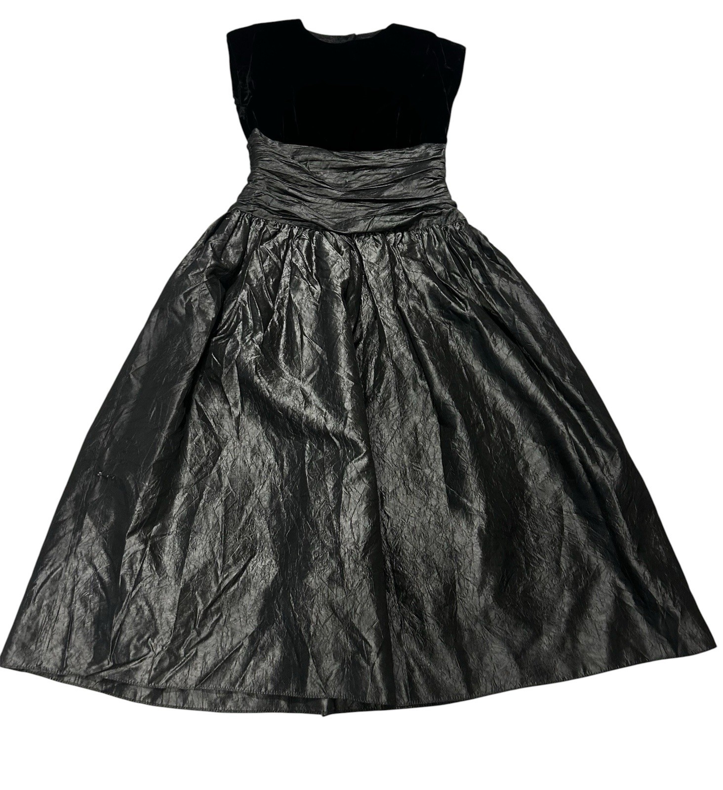 Vintage 80s Black Velvet & Metallic Crushed Taffeta Drop-Waist Dress 10