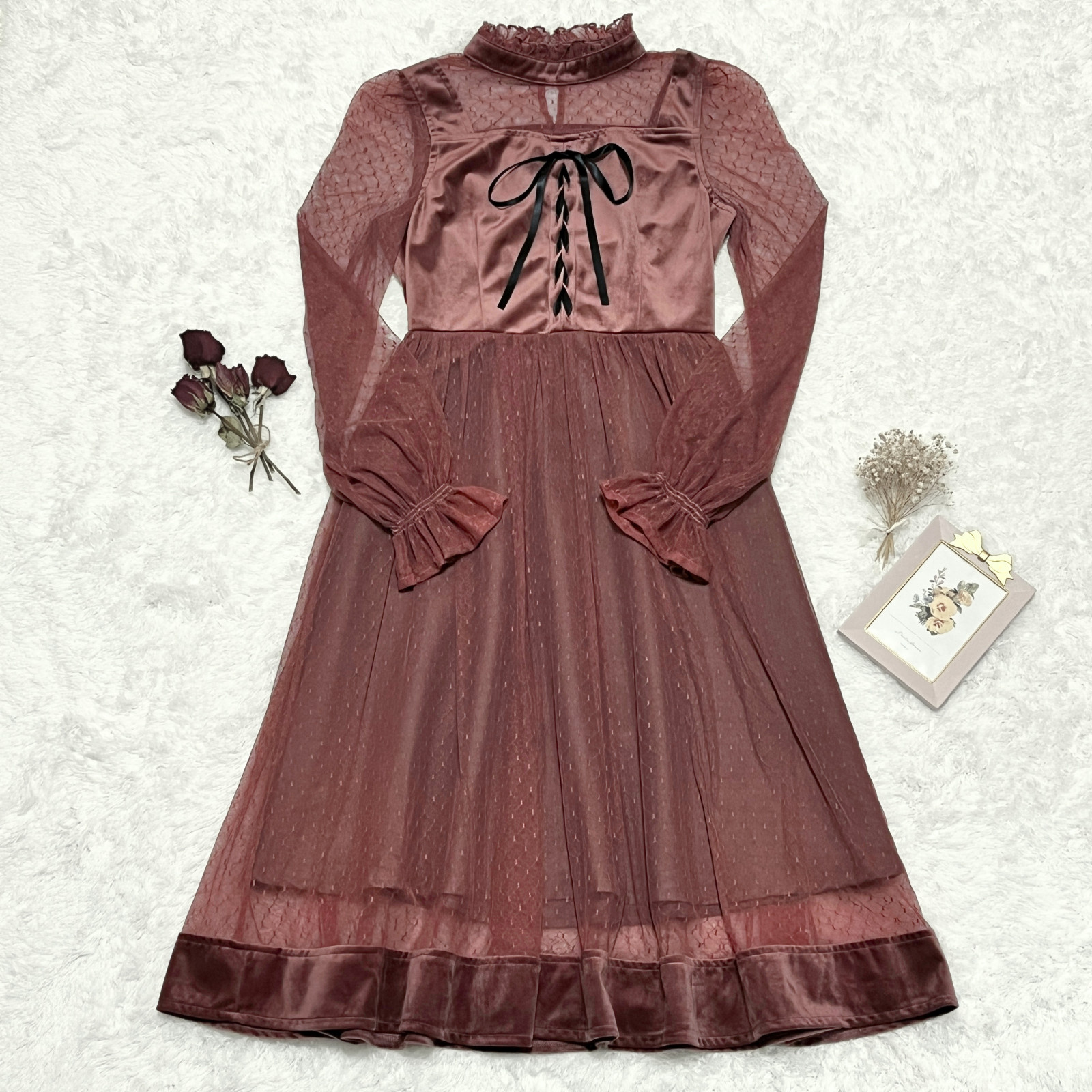 Velour Lace Long Dress Red M Elegant Kawaii Jashion Party Feminin