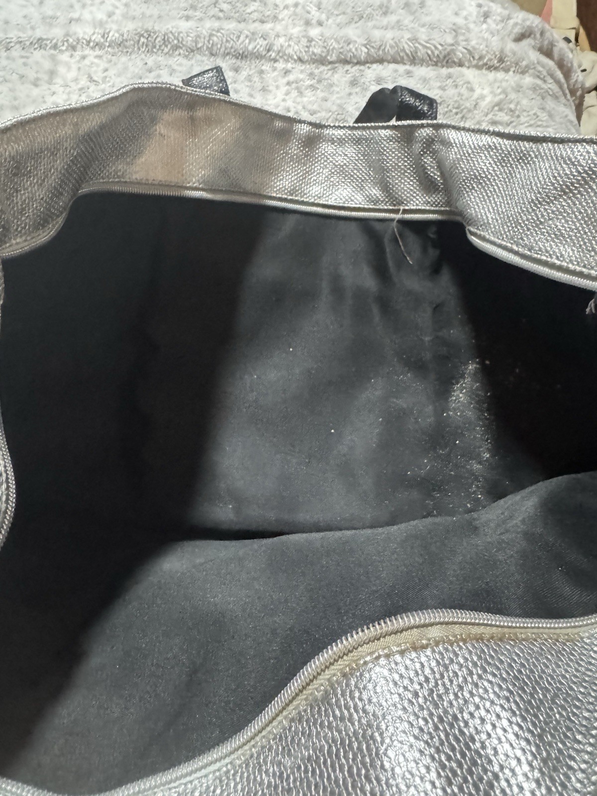 Victoria’s Secret Silver Metallic Black Tote Zip Top Silver Hardware Lined